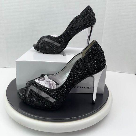 Cathy Din Essie 3 Open Toe Womens Pumps Black Diamonds Sequence Heels Sz 8 NEW - Picture 1 of 12